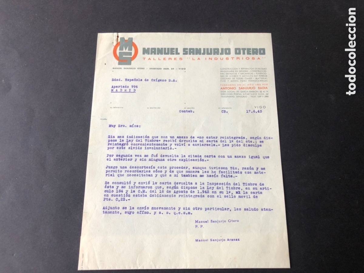 Cartas comerciales: Carta comercial TALLERES LA INDUSTRIOSA MANUEL SANJURJO OTERO VIGO