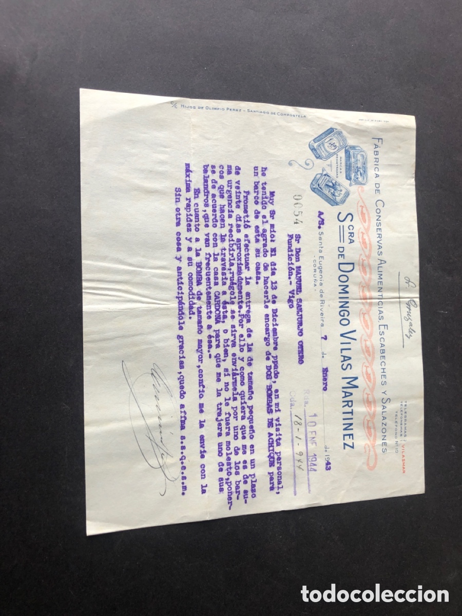 Cartas comerciales: Carta comercial fabrica de conservas SCRA de DOMINGO VILAS MARTINEZ Riveira CORU&Ntilde;A VIGO