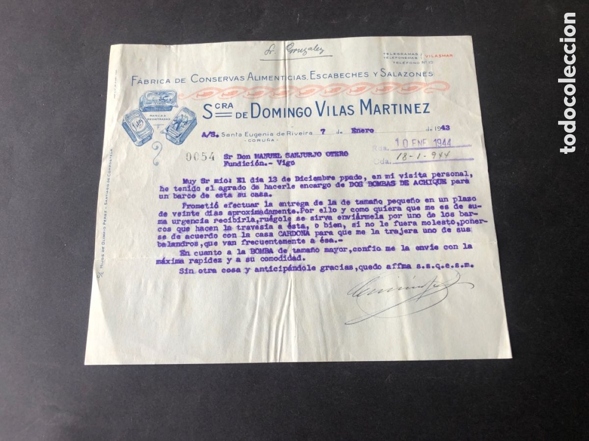 Cartas comerciales: Carta comercial fabrica de conservas SCRA de DOMINGO VILAS MARTINEZ Riveira CORU&Ntilde;A VIGO