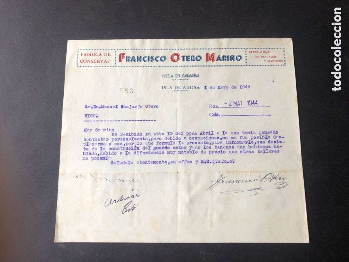 Cartas comerciales: Carta comercial fabrica de conservas FRANCISCO OTERO MARI&Ntilde;O isla de AROSA / PONTEVEDRA VIGO
