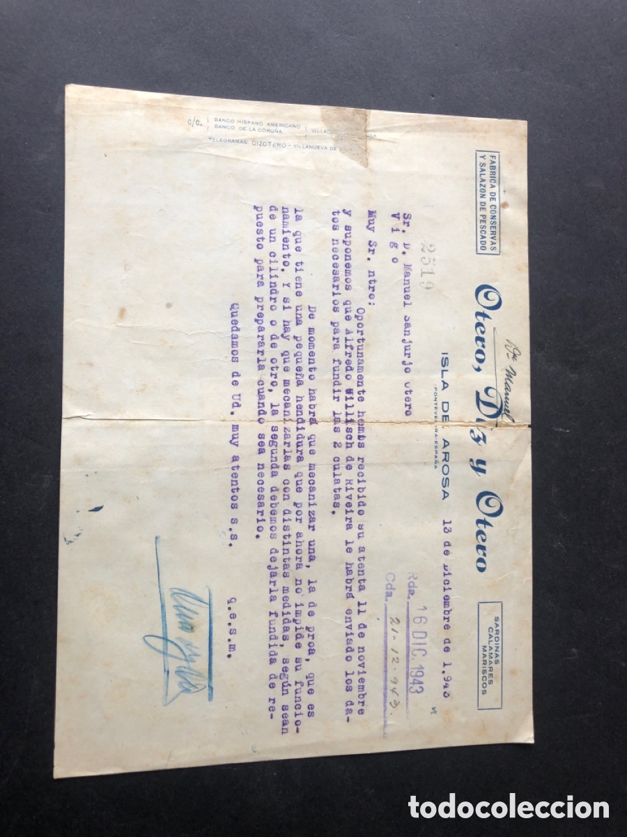 Cartas comerciales: Carta comercial fabrica de conservas OTERO DIZ Y OTERO ISLA DE AROSA PONTEVEDRA VIGO