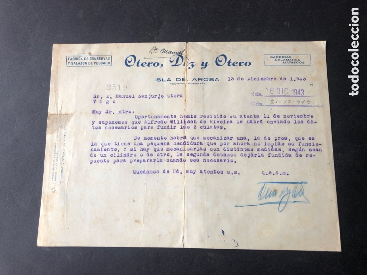 Cartas comerciales: Carta comercial fabrica de conservas OTERO DIZ Y OTERO ISLA DE AROSA PONTEVEDRA VIGO