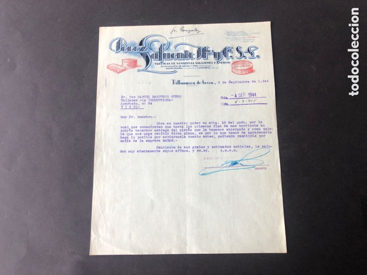 Cartas comerciales: Carta comercial fabrica de conservas PEREZ LAFUENTE Hnos VILLANUEVA DE AROSA PONTEVEDRA VIGO