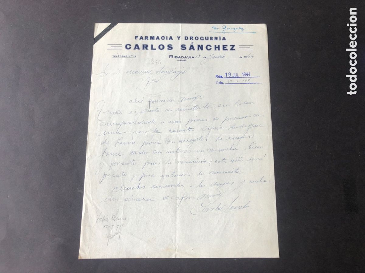 Cartas comerciales: Carta comercial farmacia y droguer&iacute;a CARLOS SANCHEZ RIBADAVIA ORENSE VIGO