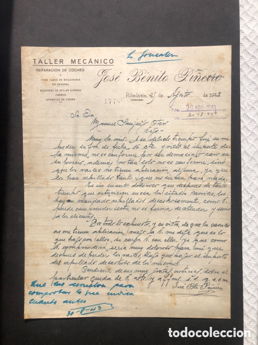 Cartas comerciales: Carta comercial taller mecanico JOSE BENIYO PI&Ntilde;EIRO RIBADAVIA ORENSE VIGO