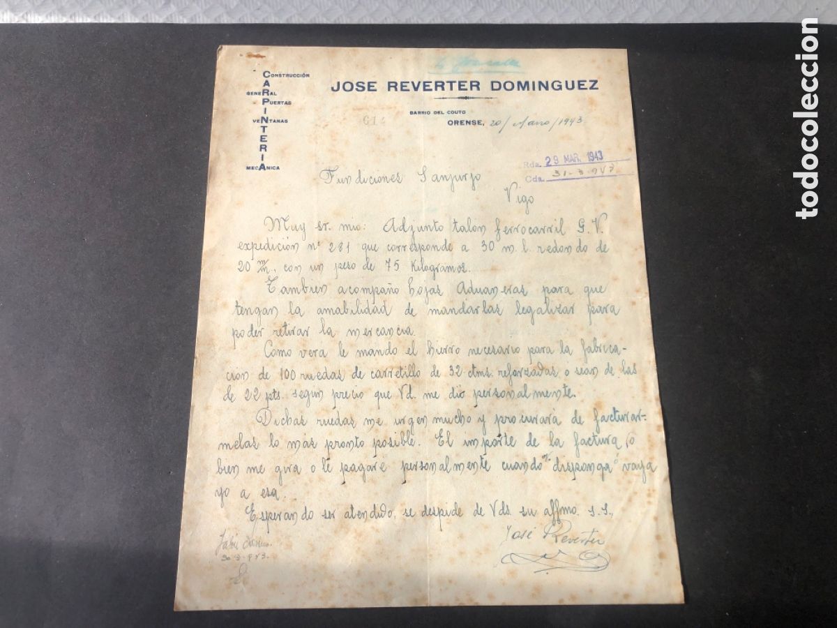 Cartas comerciales: Carta comercial carpinter&iacute;a JOSE REVERTER DOMINGUEZ barrio del couto ORENSE VIGO