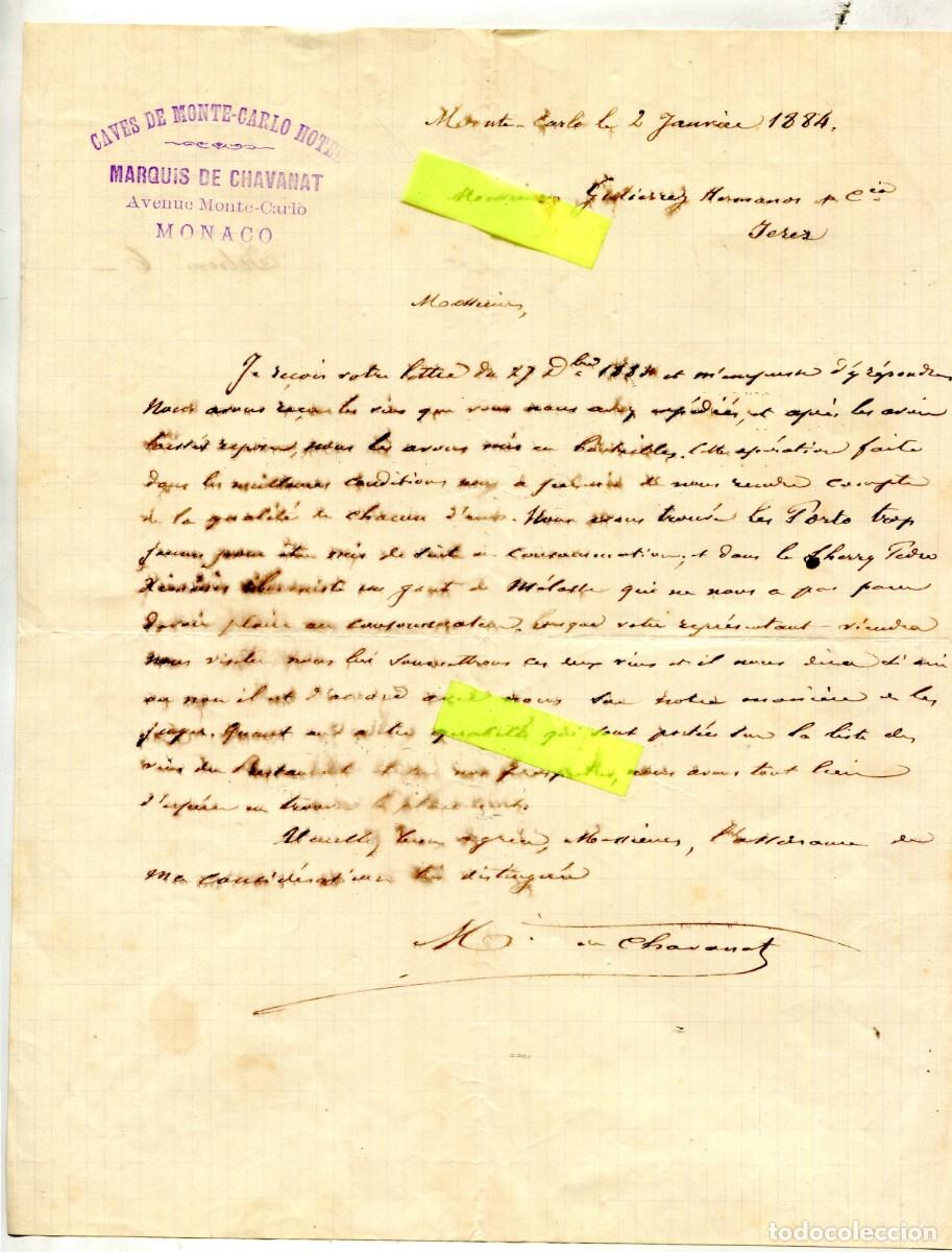 Cartas comerciales: CARTA 1884 DE CAVES DE MONTE-CARLO HOTEL MONACO MARQUIS DE CHAVANAT GUTIERREZ HERMANOS D JEREZ