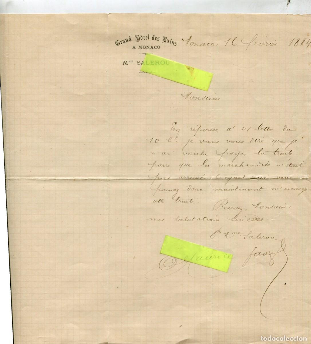 Cartas comerciales: CARTA A&Ntilde;O 1884 GRAND HOTEL DES BAINS A MONACO M. SALEROU