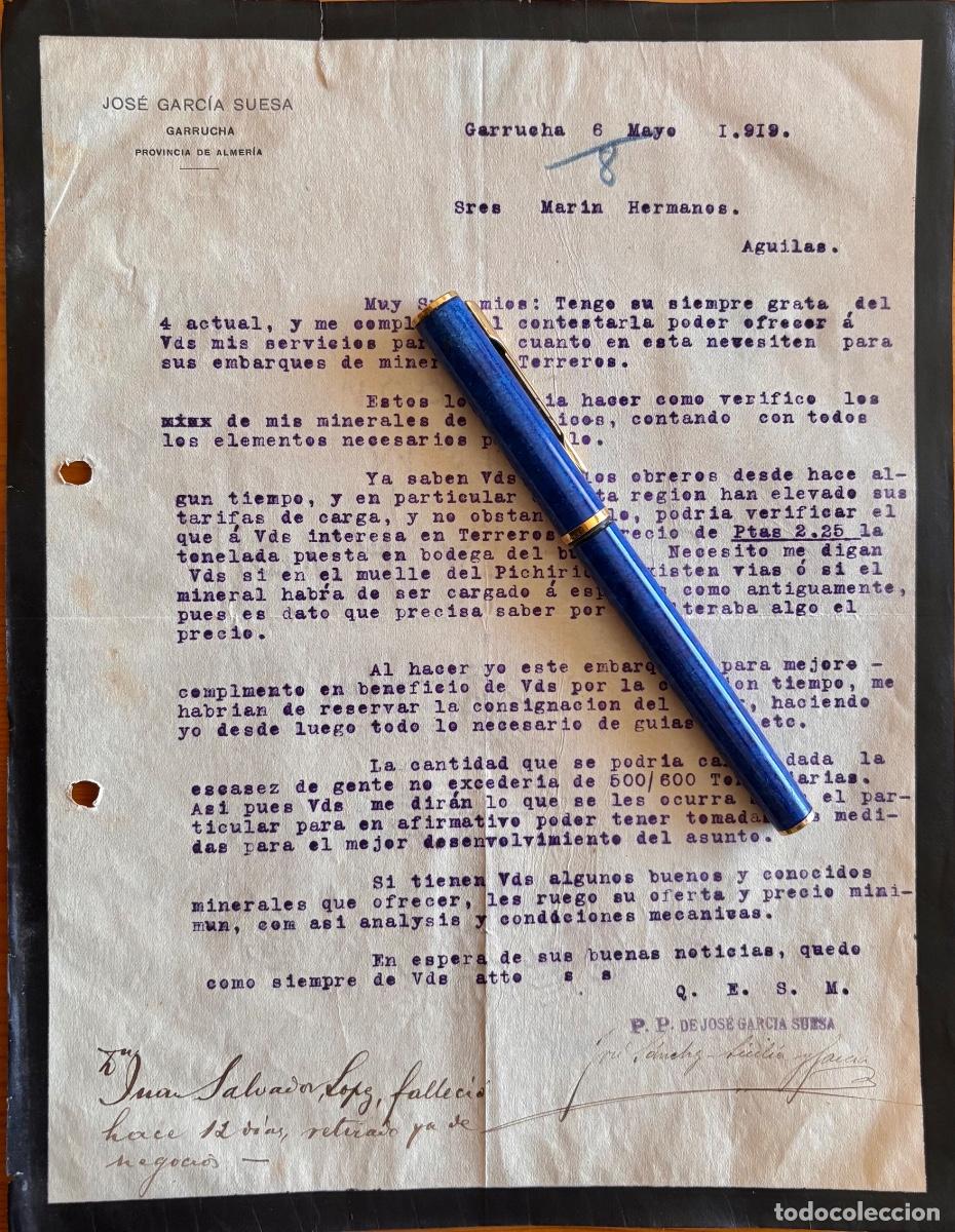 Cartas comerciales: GARRUCHA- ALMERIA- JOSE GARCIA SUESA- MINERIA- TERREROS-VILLARICOS- CARTA- 1919