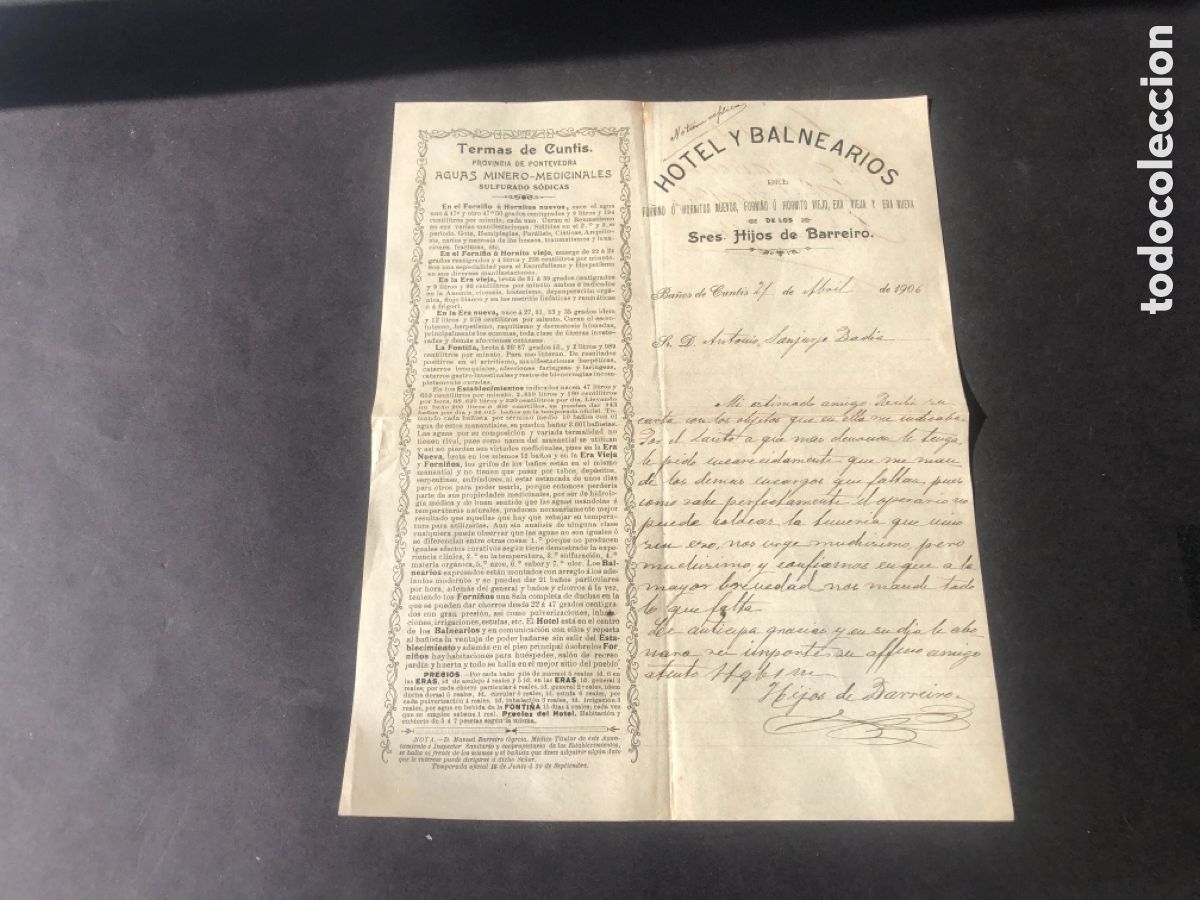 Cartas comerciales: Carta comercial HOTEL Y BALNEARIOS HIJOS DE BARREIRO TERMAS DE CUNTIS VIGO
