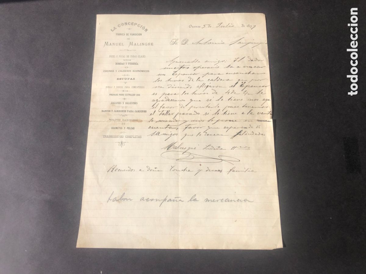 Cartas comerciales: Carta comercial fabrica de fundici&oacute;n LA CONCEPCION MANUEL MALINGRE ORENSE VIGO