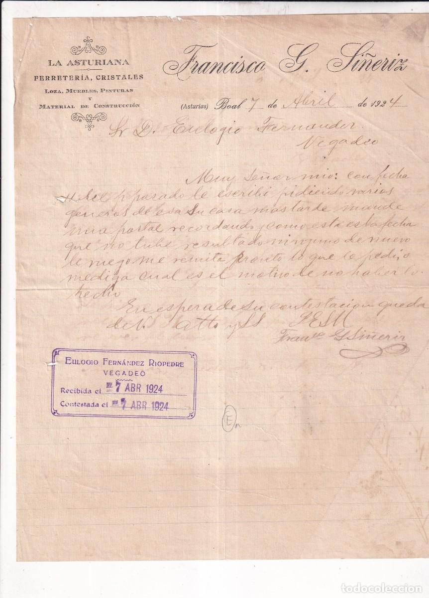 Cartas comerciales: Francisco G. Si&ntilde;eriz. Boal Asturias. firma. 1924