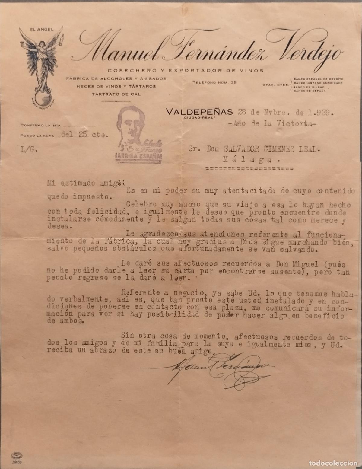 Commercial Letters: MANUEL FERNANDEZ VERDEJO. COSECHERO EXPORTADOR DE VINOS. 1939. GUERRA CIVIL. VALDEPE&Ntilde;AS. CIUDAD REAL