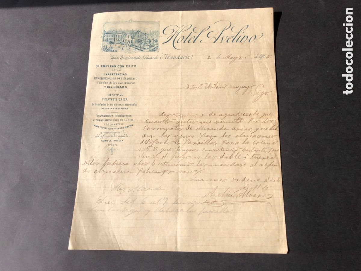 Cartas comerciales: Carta comercial HOTEL AVELINO MONDARIZ VIGO