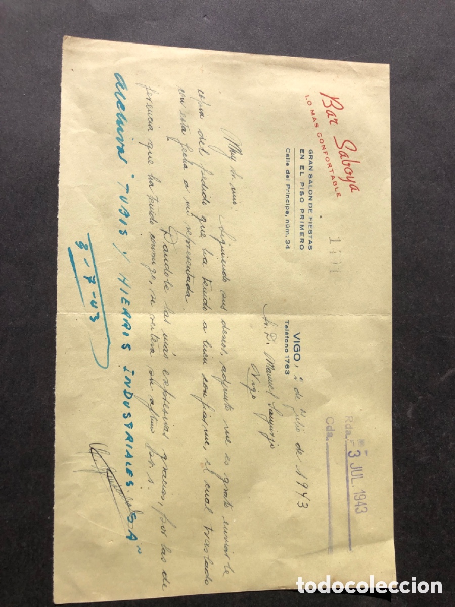 Cartas comerciales: Carta comercial rara BAR SABOYA calle del PRINCIPE VIGO