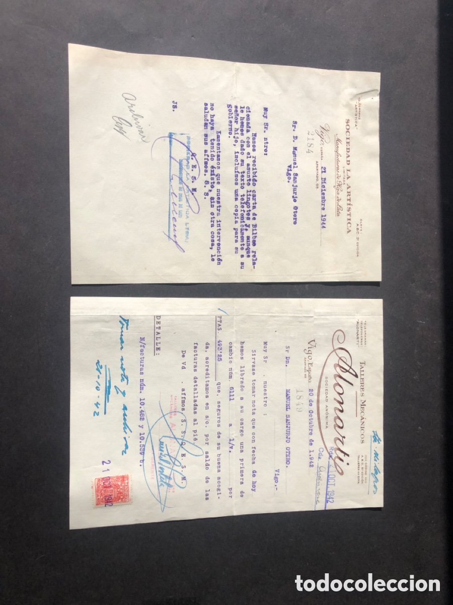 Cartas comerciales: Cartas comerciales TALLERES ALONARTI y SOCIEDAD LA ARTISTICA VIGO