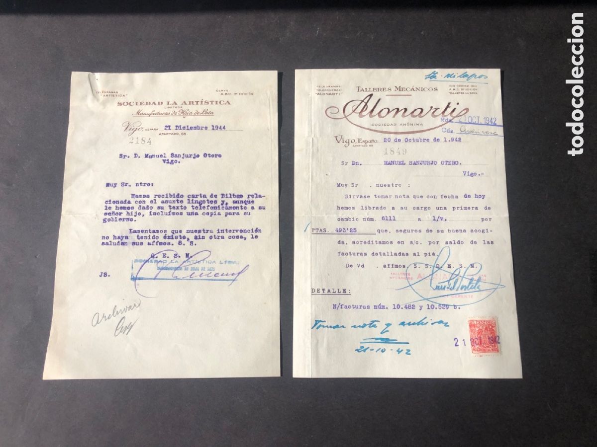 Cartas comerciales: Cartas comerciales TALLERES ALONARTI y SOCIEDAD LA ARTISTICA VIGO