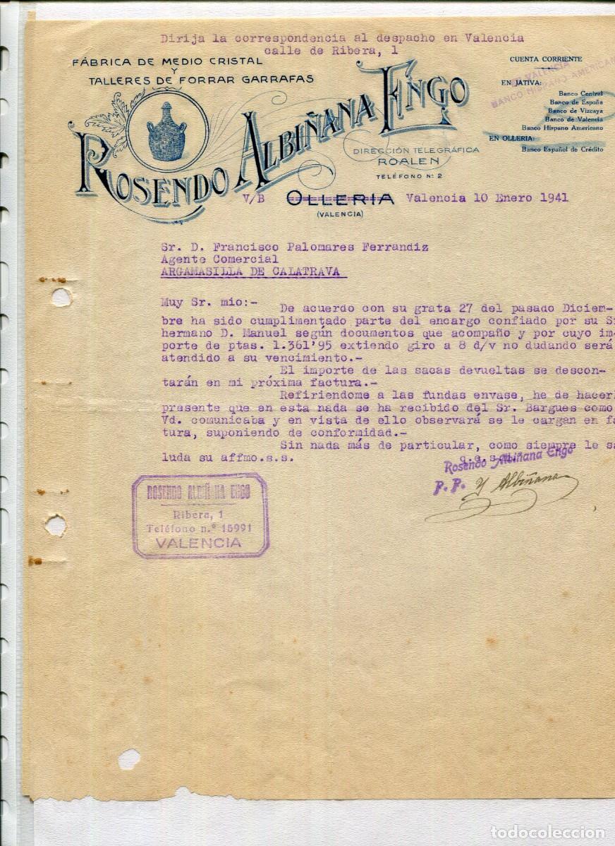 Cartas comerciales: VALENCIA-F&Aacute;BRICA DE MEDIO CRISTAL Y FORRAR GARRAFAS DE ROSENDO ALBI&Ntilde;ANA-A&Ntilde;O 1941