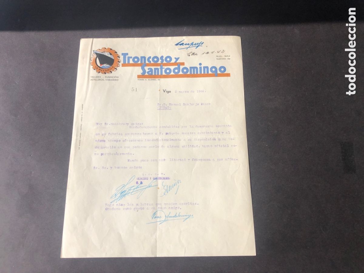 Cartas comerciales: Carta comercial talleres / astilleros TRONCOSO Y SANTODOMINGO VIGO