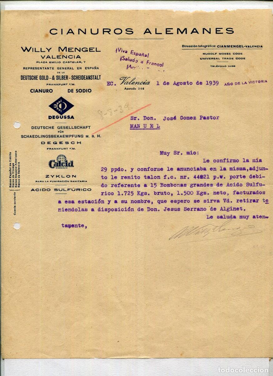 Cartas comerciales: VALENCIA-CIANUROS ALEMANES- WILLY MENGEL-A&Ntilde;O 1939 (VIVA ESPA&Ntilde;A-SALUDOS A FRANCO-ARRIBA ESPA&Ntilde;A)