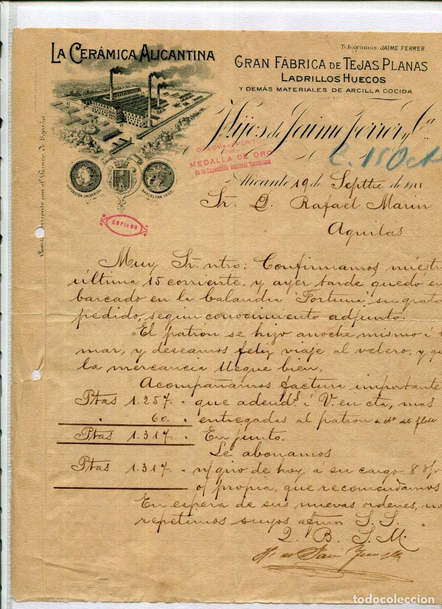 Cartas comerciales: ALICANTE-LA CERAMICA ALICANTINA-FABRICA DE TEJAS Y LADRILLOS DE JAIME FERRER-A&Ntilde;O 1911