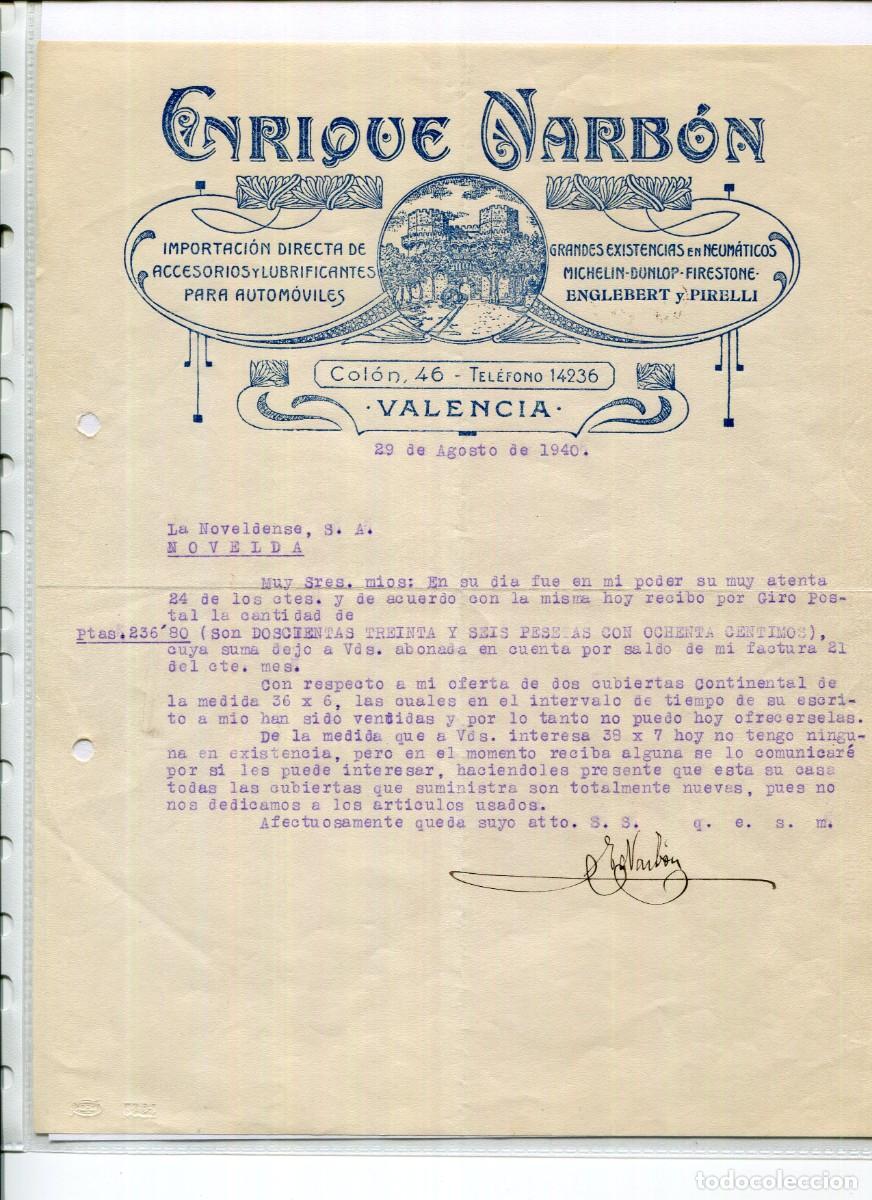 Cartas comerciales: VALENCIA-NEUMATICOS Y LUBRIFICANTES PARA AUTOMOVILES-E. NARB&Oacute;N-CARTA MODERNISTA--A&Ntilde;O 1940