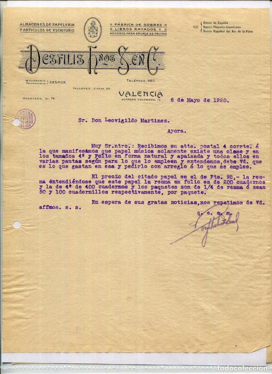 Cartas comerciales: VALENCIA-ALMACENES DE PAPELER&Iacute;A Y ESCRITORIO DESFILIS HNOS-CARTA MODERNISTA-A&Ntilde;O 1920