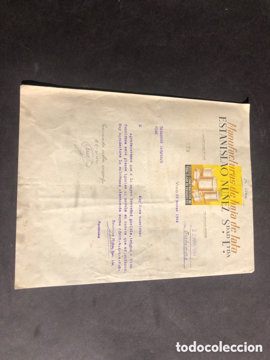 Cartas comerciales: Carta comercial manufacturas de hoja de lata ESTANISLAO NU&Ntilde;EZ Sdad Lta VIGO