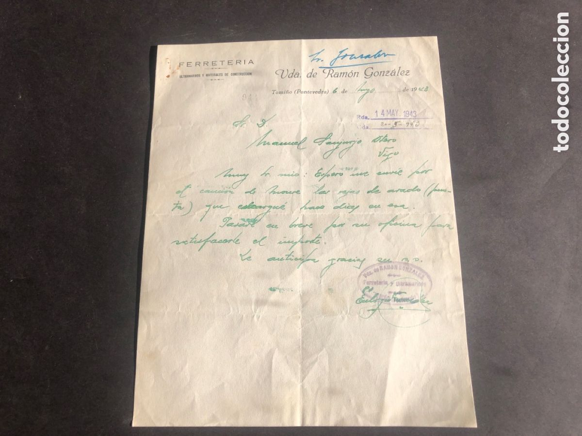 Cartas comerciales: Carta comercial FERRETERIA Vda de RAMON GONZALEZ Tomi&ntilde;o VIGO