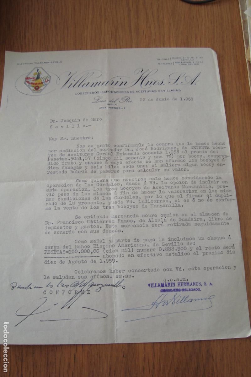 Cartas comerciales: ANTIGUA CARTA COMERCIAL. VILLAMARIN HERMANOS S.A COSECHEROS ACEITUNAS SEVILLANAS. LORA DEL RIO 1959.