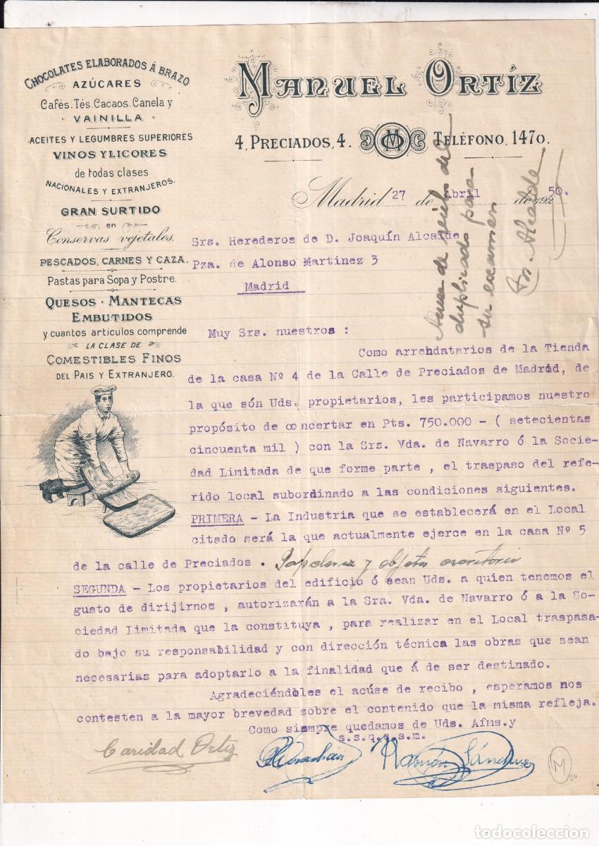 Gesch&auml;ftsbriefe: CURIOSA FACTURA MANUEL ORTIZ, CHOCOLATES, VINOS, QUESOS. TRASPASO NEGOCIO. MADRID FIRMA PROPIETARIO