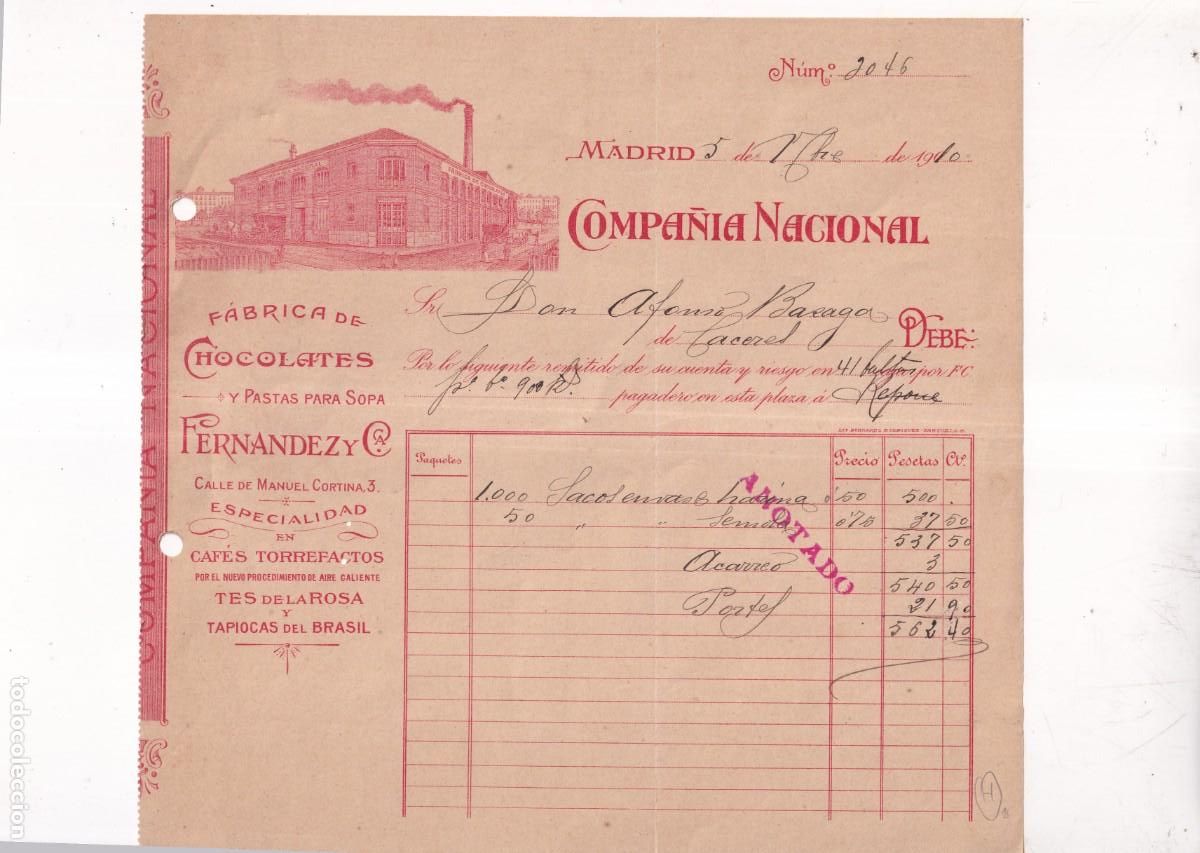 Cartas comerciales: COMPA&Ntilde;&Iacute;A NACIONAL. FABRICA CHOCOLATES. FERN&Aacute;NDEZ Y C&Iacute;A. 1910 MADRID.