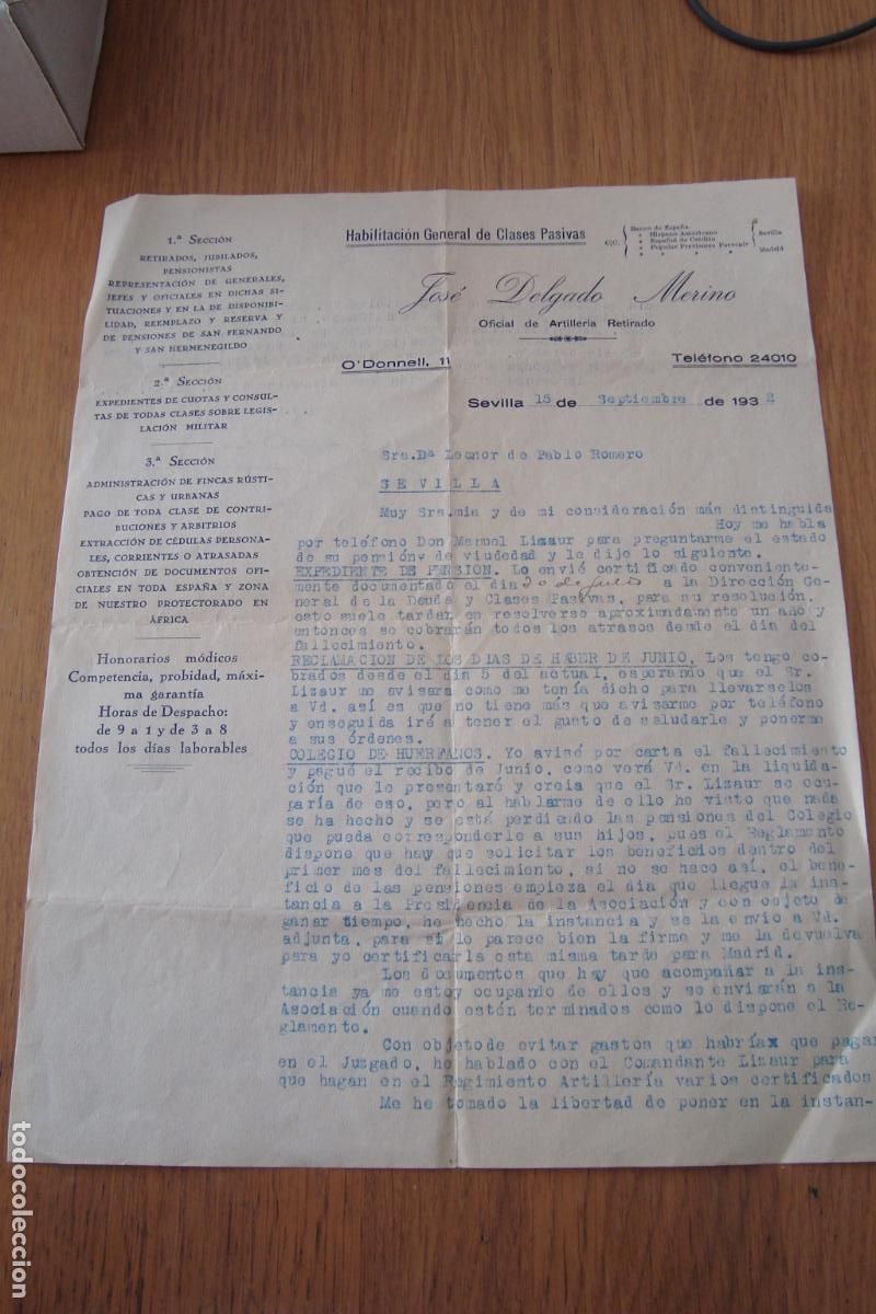 Cartas comerciales: ANTIGUA CARTA COMERCIAL HABILITACION GENERAL CLASES PASIVAS. JOSE DELGADO MERINO. SEVILLA 1932