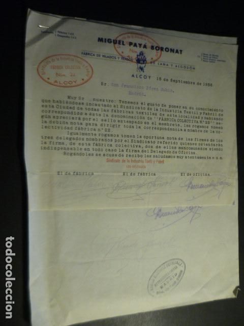 Cartas comerciales: ALCOY ALICANTE FABRICA DE HILADOS Y TENIDOS MIGUEL PAY&Aacute; 2 CARTAS COMERCIALES 1936 COLECTIVIZADA
