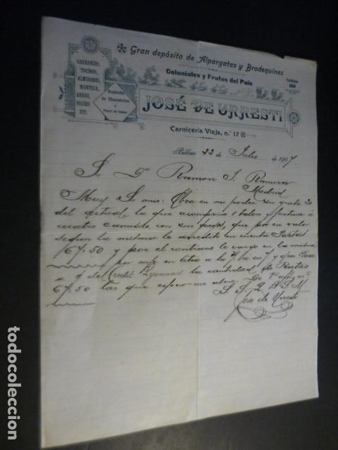 Cartas comerciales: BILBAO COLONIALES Y FRUTOS DEL PAIS JOSE DE URRESTI CARTA COMERCIAL 1907