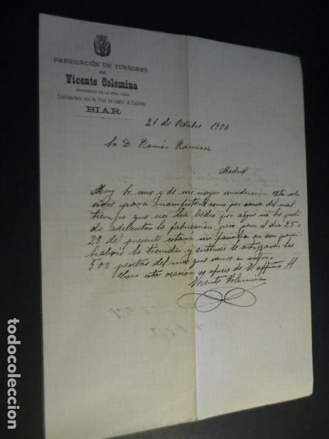 Cartas comerciales: BIAR ALICANTE FABRICA DE TURRONES VICENTE COLOMINA CARTA COMERCIAL 1906