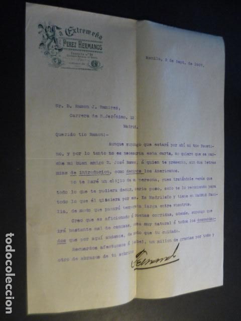 Cartas comerciales: MANILA FILIPINAS LA EXTREME&Ntilde;A PEREZ HERMANOS CARTA 1907 A MADRID