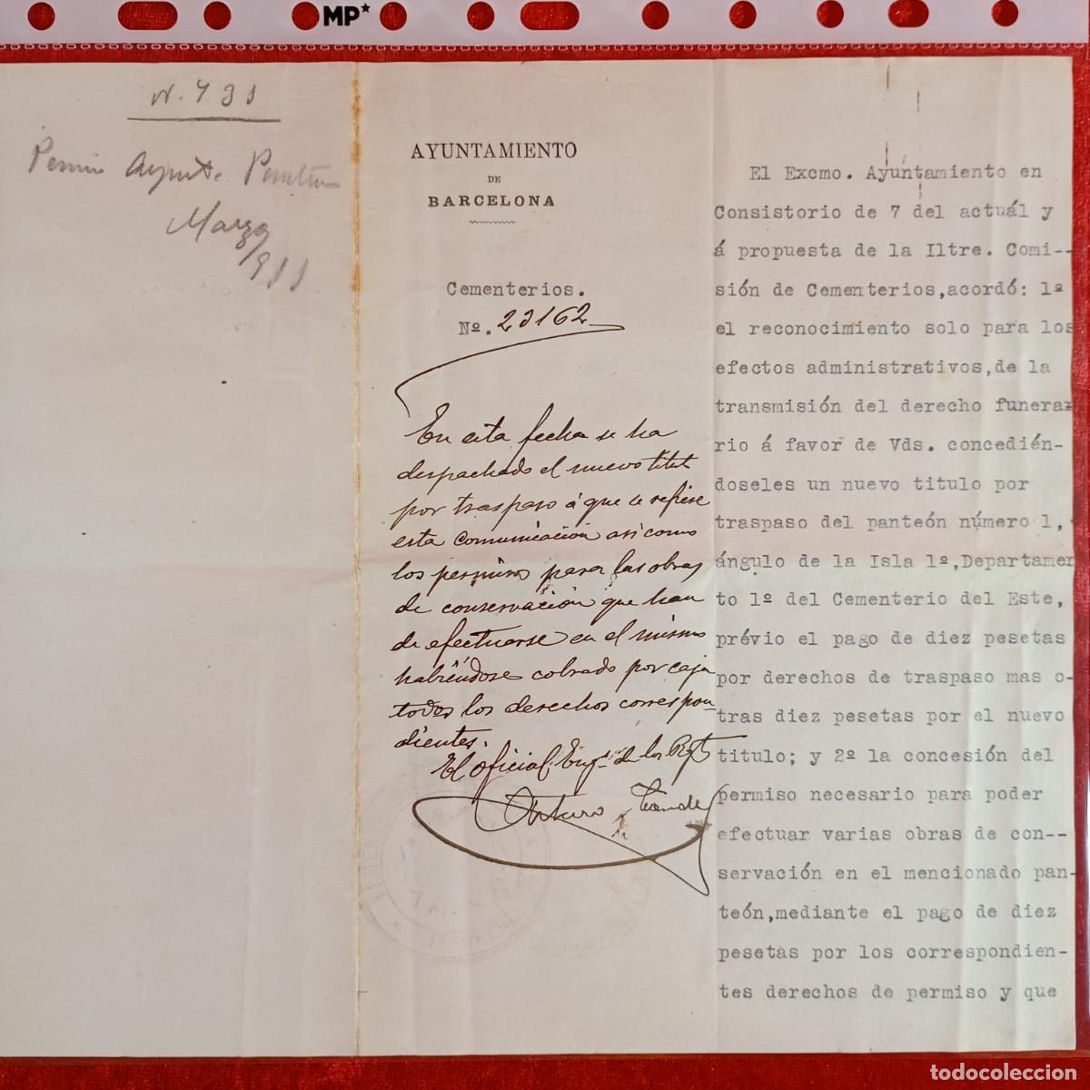 Cartas comerciales: CARTA COMERCIAL - AYUNTAMIENTO DE BARCELONA - CEMENTERIOS - 1911 - MATAMALA - EXPORTACION / 3447