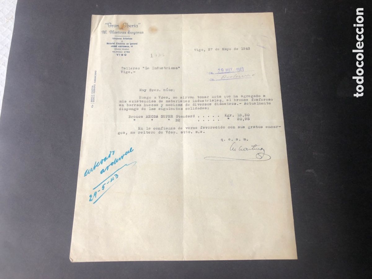 Cartas comerciales: Carta comercial GRAN IBERIA M. Martinez Sayanes VIGO