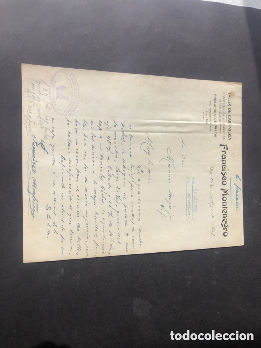 Cartas comerciales: Carta comercial taller de carpinter&iacute;a FRANCISCO MONTENEGRO VIGO
