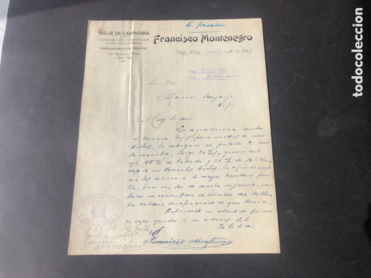 Cartas comerciales: Carta comercial taller de carpinter&iacute;a FRANCISCO MONTENEGRO VIGO