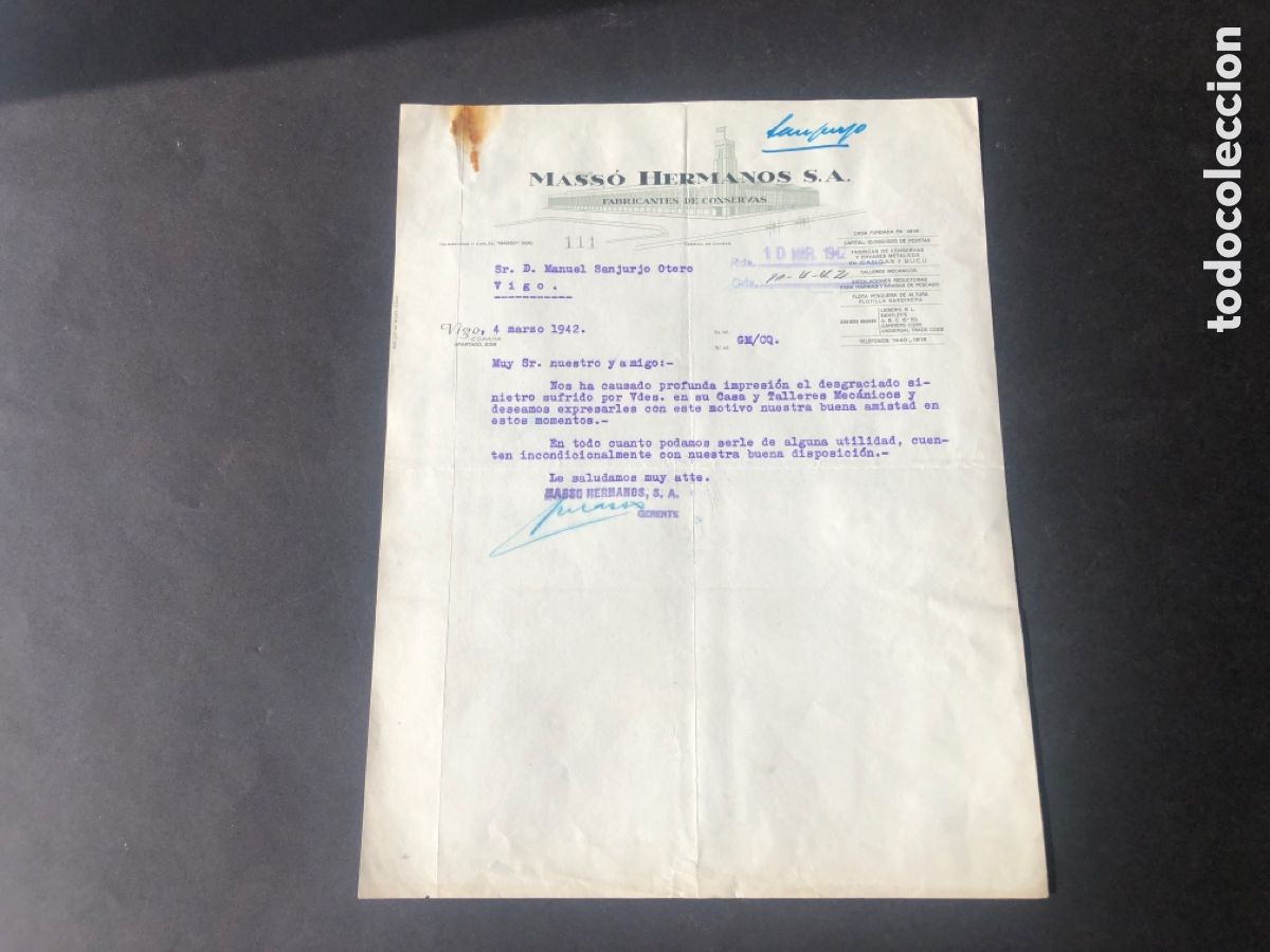 Cartas comerciales: Carta comercial fabrica de conservas MASSO HERMANOS S.A. VIGO