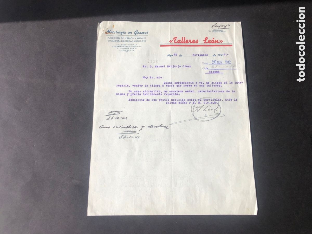 Cartas comerciales: Carta comercial metalurgia en general TALLERES LEON VIGO