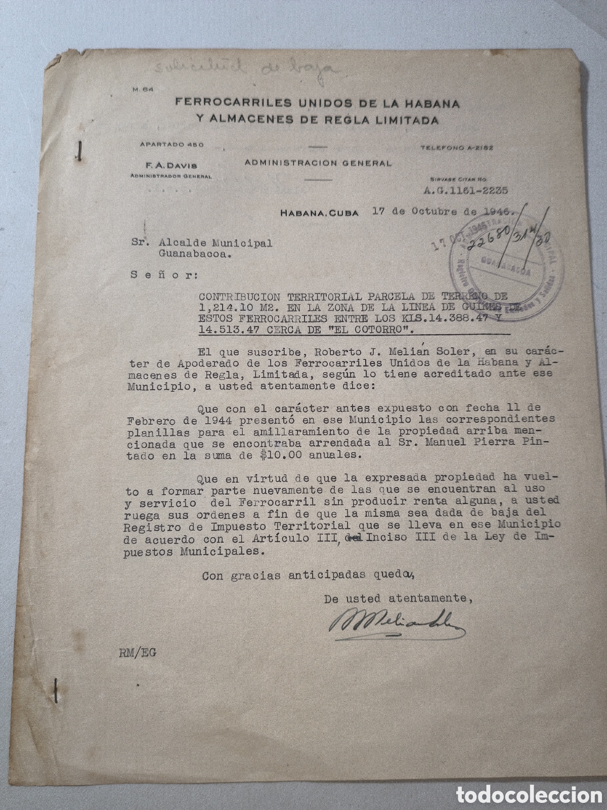 Cartas comerciales: Cuba, documento ferrocarriles unidos de la habana s.a.a&ntilde;o 1946