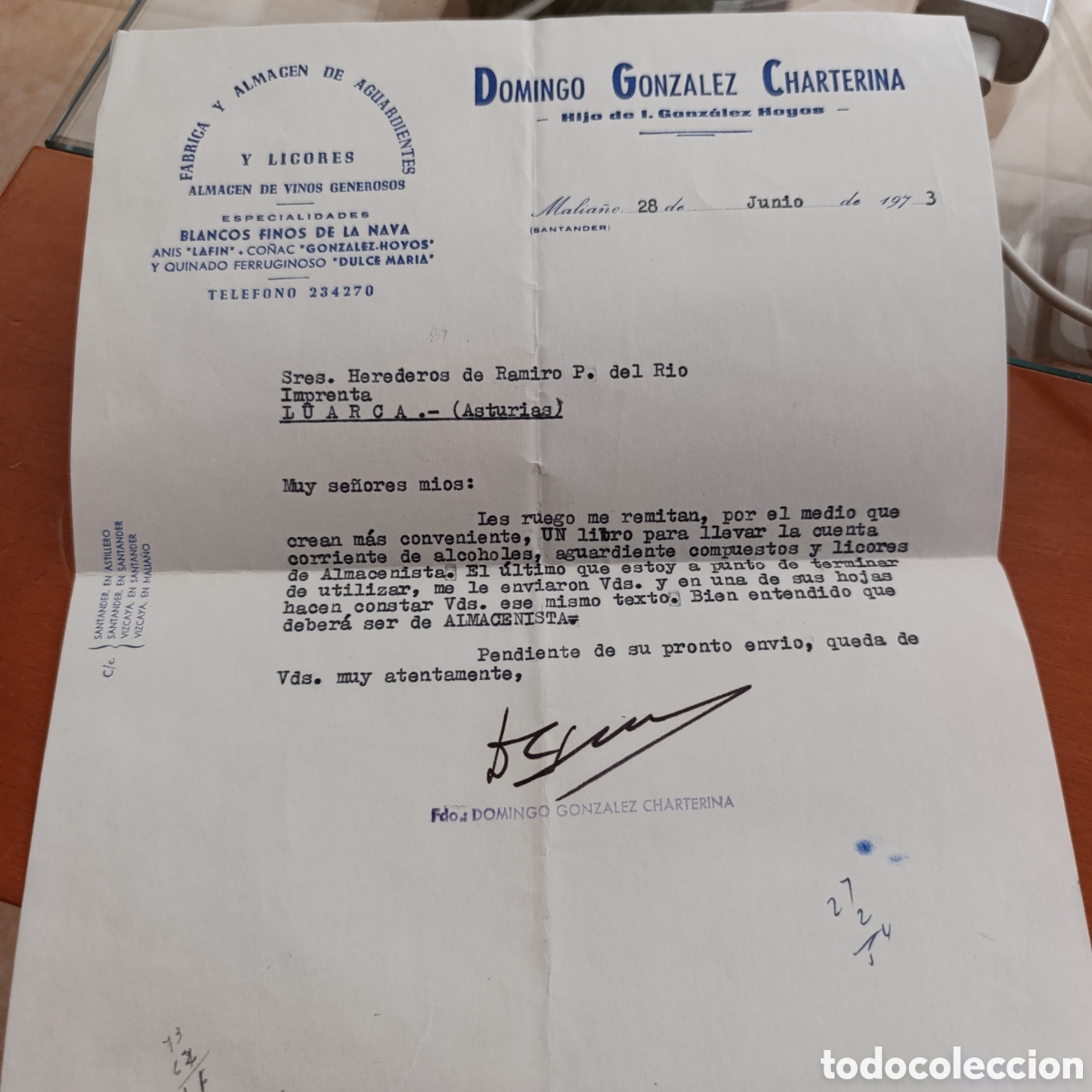 Cartas comerciales: Malia&ntilde;o,Santander,Carta comercial almac&eacute;n vinos generosos Domingo Gonz&aacute;lez ,1973