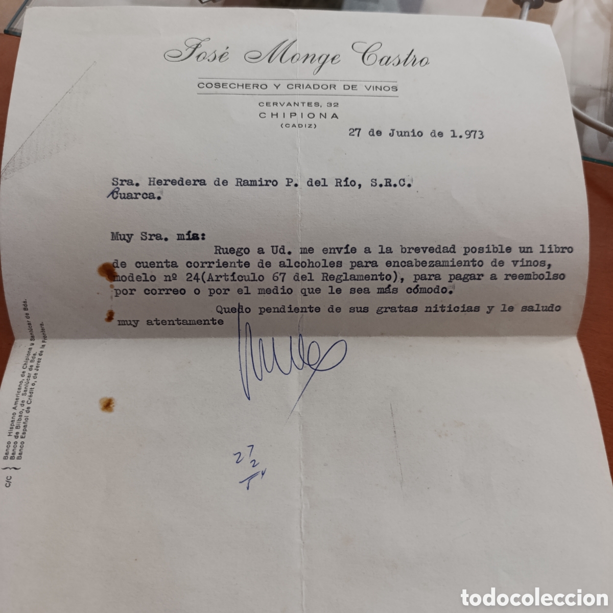 Cartas comerciales: Cosechador y criador de vinos Jos&eacute; Monge Castro en Chipiona, C&aacute;diz. Carta 1973