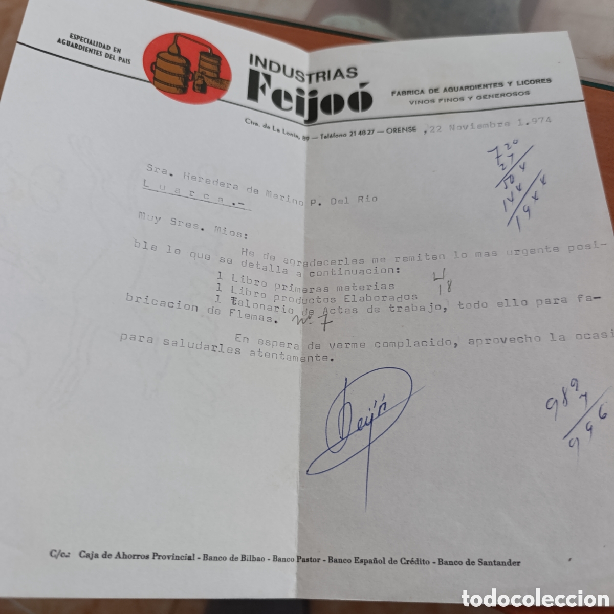 Cartas comerciales: Orense,Industrias Feijoo, f&aacute;brica de aguardientes y licores.A&ntilde;o 1974,carta comercial
