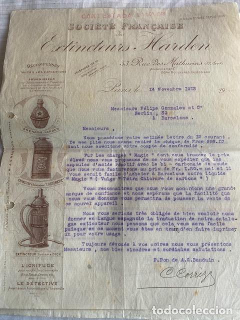 Cartas comerciales: Extintores antiguos. 1913. Carta Societe Francaise des Extincteurs Harden. 28 x 21.5 cm.