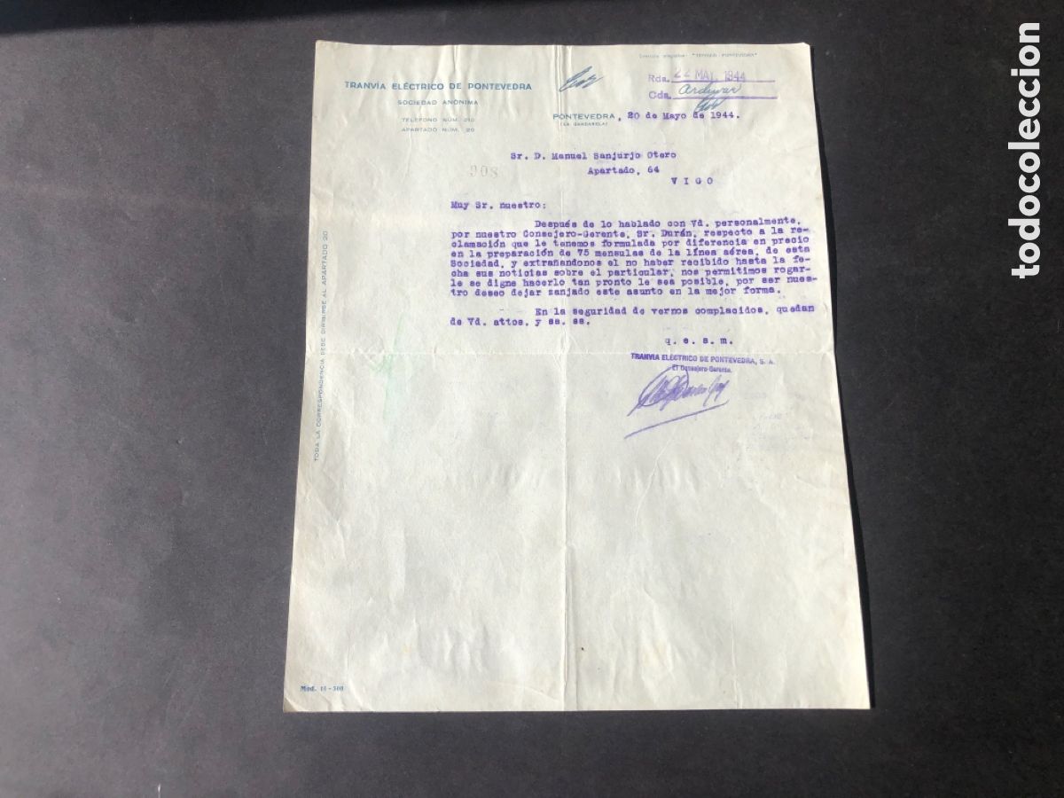 Cartas comerciales: Carta comercial TRANVIA ELECTRICO DE PONTEVEDRA VIGO