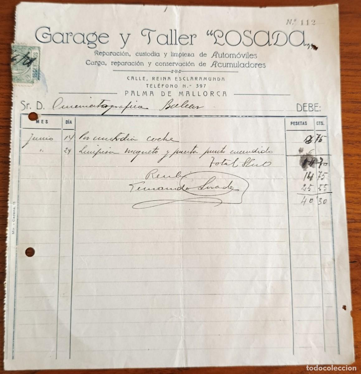 Cartas comerciales: GARAGE Y TALLER LOSADA. PALMA DE MALLORCA, 1928.